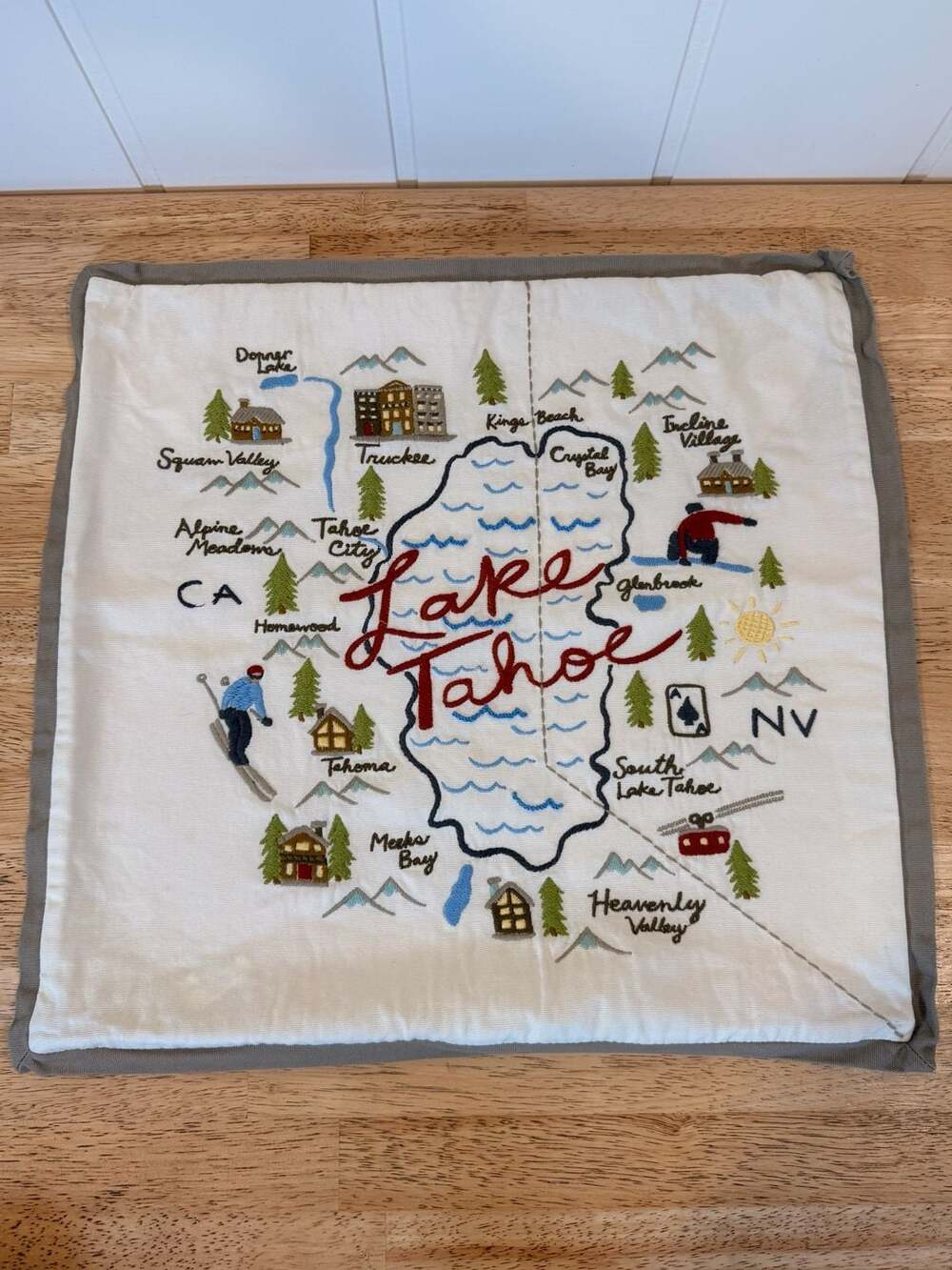 Pottery Barn Lake Tahoe Map Embroidered Decorative Throw Pillow Cover - Picture 2 of 4